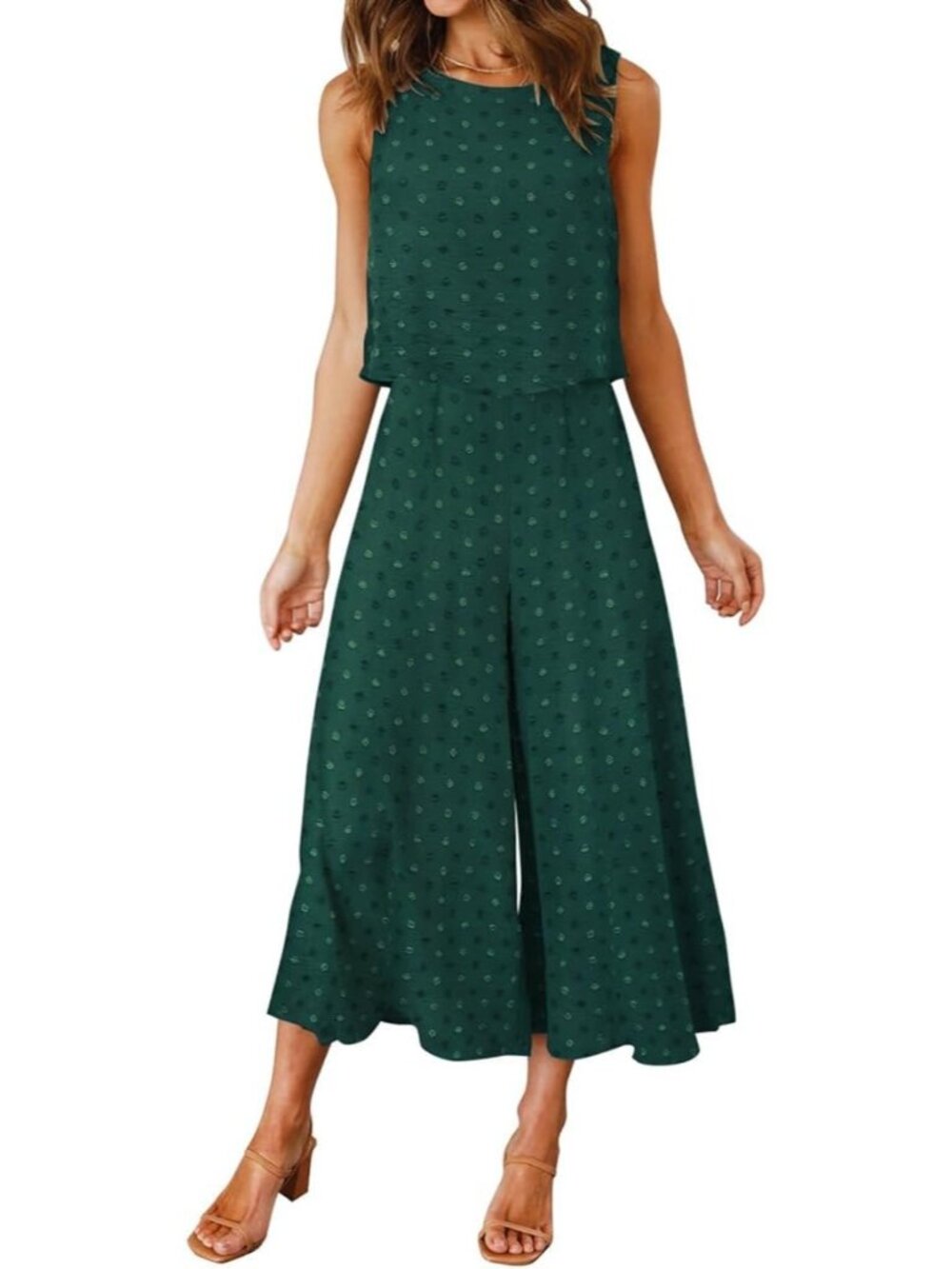 Women's Green Summer 2 Piece Outfits Round neck Crop Basic Top Cropped Wide Leg